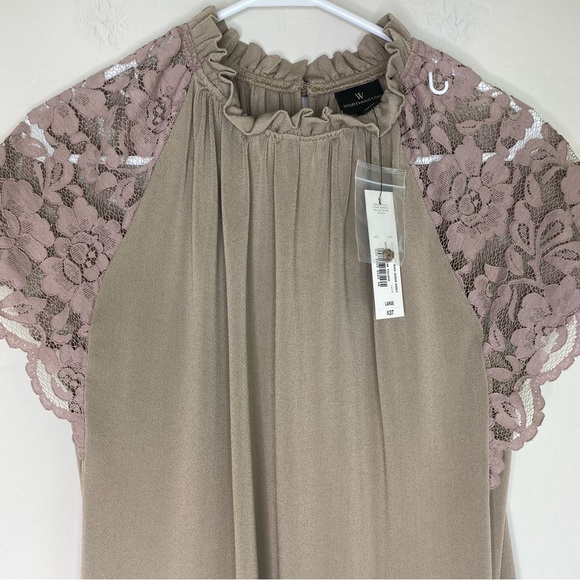 Worthington Lace Cap Sleeve Ruffled Blouse Mushroom Taupe Size L NWT - Picture 4 of 7